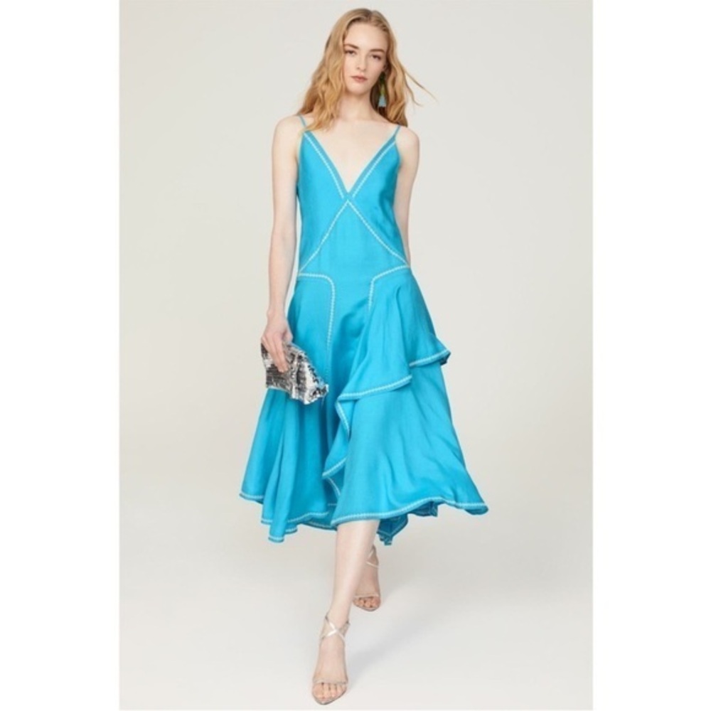 Esteban Cortazar Midi Dress Aqua Blue Side Ruffle Hem V-Neck Sleeveless Sz M